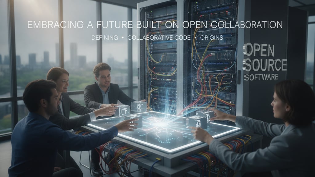 A symbolic graphic of interconnected lines and nodes, representing the collaborative nature of open source software.