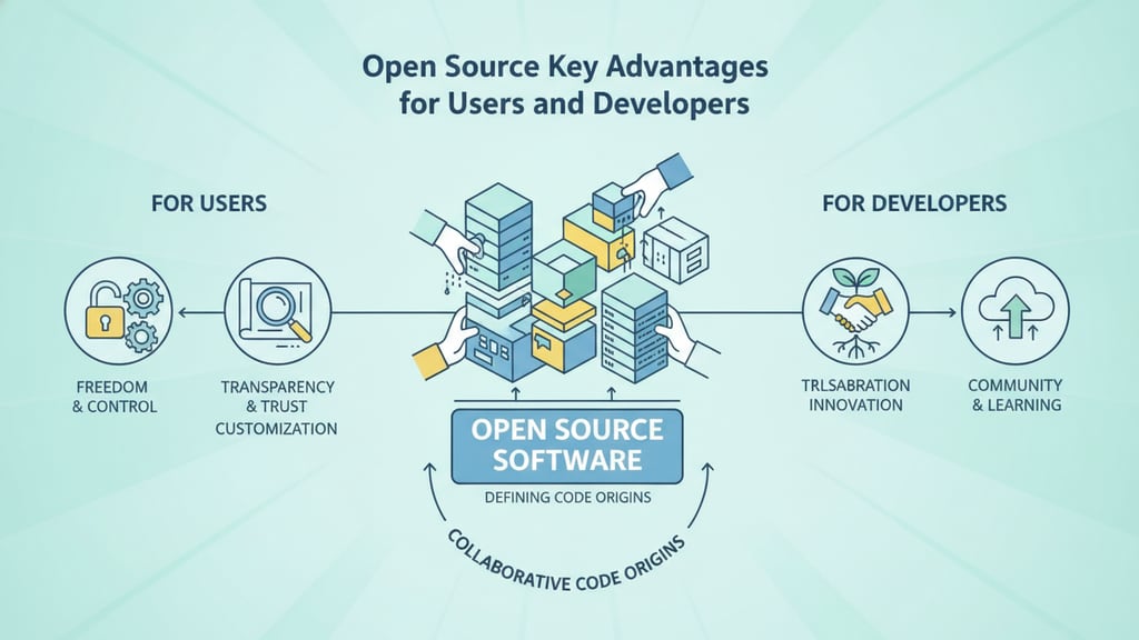 A graphic illustrating the philosophy of open source software, with icons representing collaborative code, users, and de