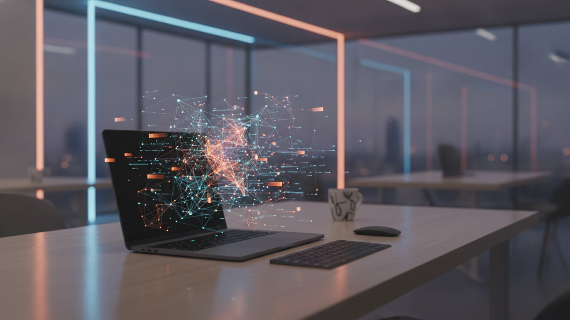 Laptop on a wooden desk projecting a glowing holographic neural network and colorful data streams in a modern office.